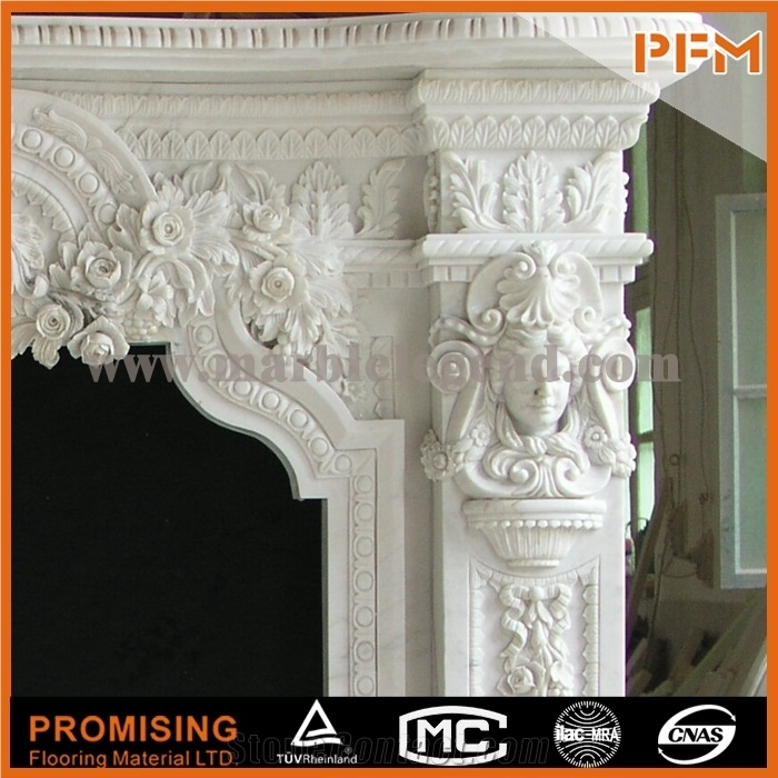 China New Design Hunan White Marble Polished Fireplace, Western & European Customized Figure, Hand Carving Sculptured Fireplace Mantel