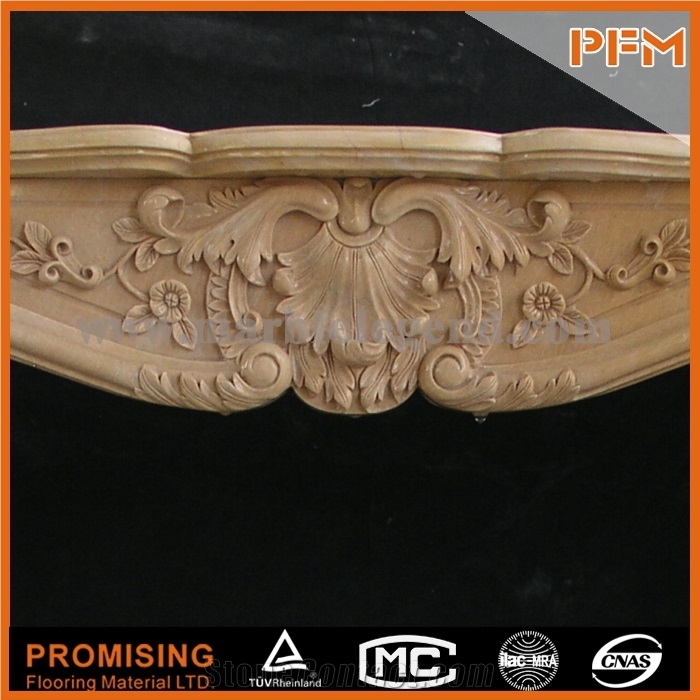 China Yellow Polished Travertine Fireplace, Western & European Customized Figure, Hand Carving Sculptured Fireplace Mantel