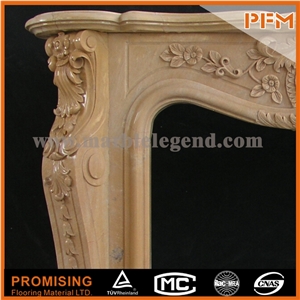 China Yellow Polished Travertine Fireplace, Western & European Customized Figure, Hand Carving Sculptured Fireplace Mantel