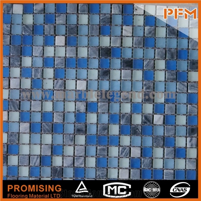 Crystal Glass Mosaic and Resin Wall Tile, Square Pattern Glass Stone Mosaic Blue Stone Mosaic