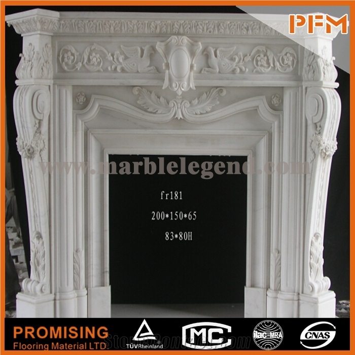 Flower China Hunan White Polished Marble Fireplace, Western & European Customized Figure, Hand Carving Sculptured Fireplace Mantel