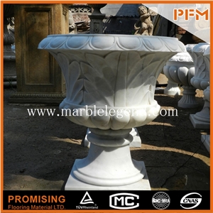 Garden Stone Marble Flower Pot with Relief Decorations, White Marble Flower Pots