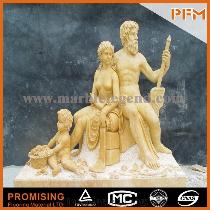 Grand Yellow Stone Figure Sculpture with Children Playing
