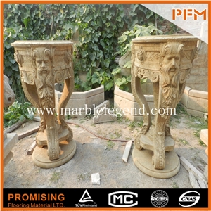 Hand Carved Beautiful Marble Large Flower Pot, Yellow Marble Flower Pots