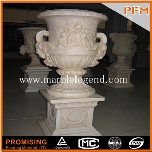 Home Decor Decorative Hand Carved Marble Balcony Flower Pots, Beige Marble Flower Pots