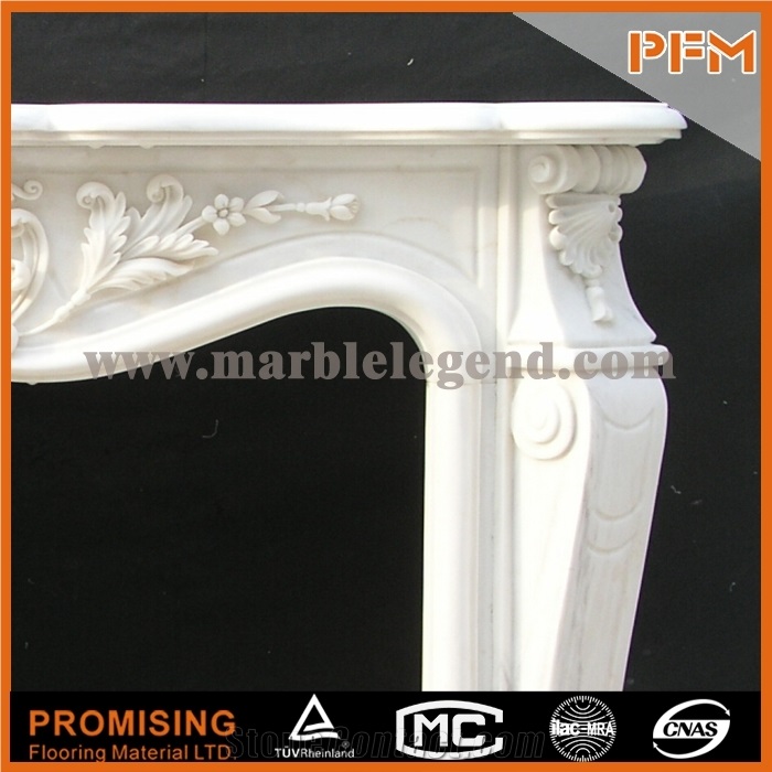 New Design Beautiful Flower China Hunan White Polished Marble Fireplace, Western & European Customized Figure, Hand Carving Sculptured Fireplace Mantel