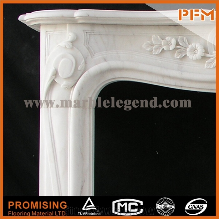 New Design Classic Flower China Hunan White Polished Marble Fireplace, Western & European Customized Figure, Hand Carving Sculptured Fireplace Mantel