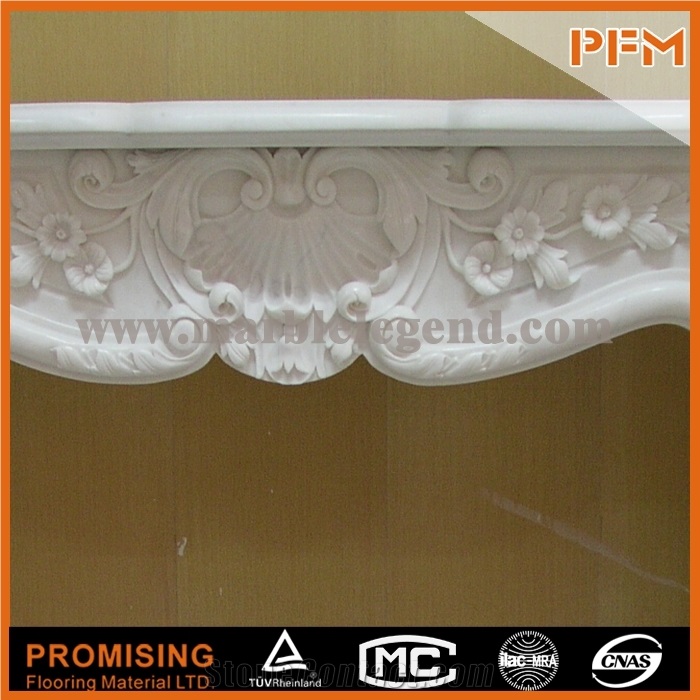 New Design Flower China Hunan White Polished Marble Fireplace, Western & European Customized Figure, Hand Carving Sculptured Fireplace Mantel