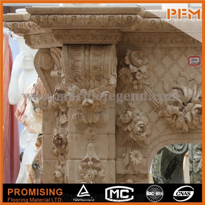 New Design Natural Flowers Beige Polished Marble Fireplace, Western & European Customized Figure, Hand Carving Sculptured Fireplace Mantel