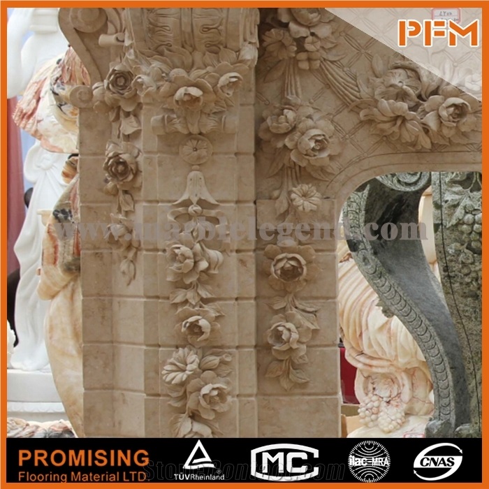 New Design Natural Flowers Beige Polished Marble Fireplace, Western & European Customized Figure, Hand Carving Sculptured Fireplace Mantel