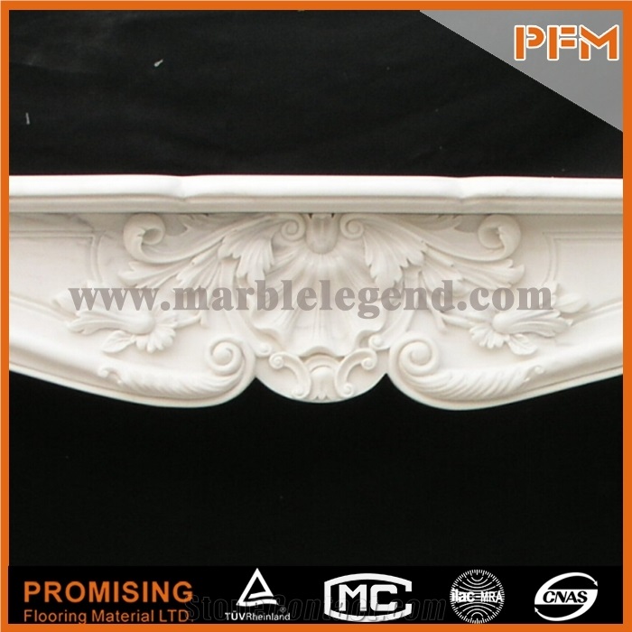 New Design Nice Flower China Hunan White Polished Marble Fireplace, Western & European Customized Figure, Hand Carving Sculptured Fireplace Mantel