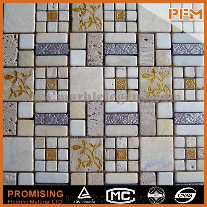 Outdoor Aluminuim Mix Glass Mix Quartz Stone Wall Mosaic Tile Round 8mm Glass Mix Stone Mosaic Tile Round Glass Mosaic