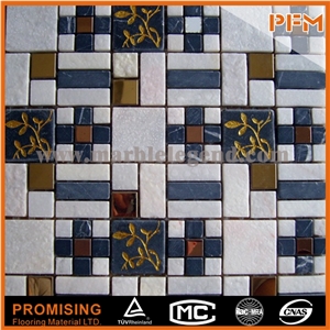 Wall Paving Good Color Stone Glass Mosaic Mix Marble Mosaic Tile 5mm 12x12 Inch Glass and Stone Mosaics Tile, Glass Mix Stone Mosaic, Cheap Mosaic Tile