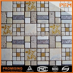 Wall Paving Good Color Stone Glass Mosaic Mix Marble Mosaic Tile 5mm 12x12 Inch Glass and Stone Mosaics Tile, Glass Mix Stone Mosaic, Cheap Mosaic Tile
