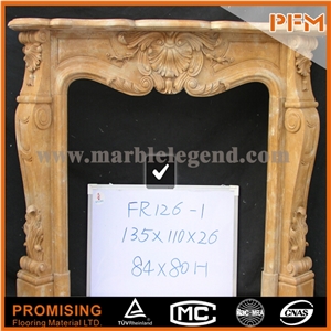 Western & European Customized Figure, Yellow Makoo Travertine Fireplace /Hand Carving Sculptured Fireplace Mantel, Yellow Makoo Travertine Marble Fireplace Mantel