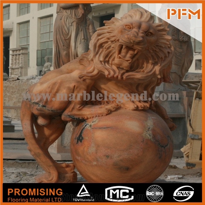 Wholesale Gift Chinese Sunset Red Marble Lion Statue Hot Sale Home Decoration