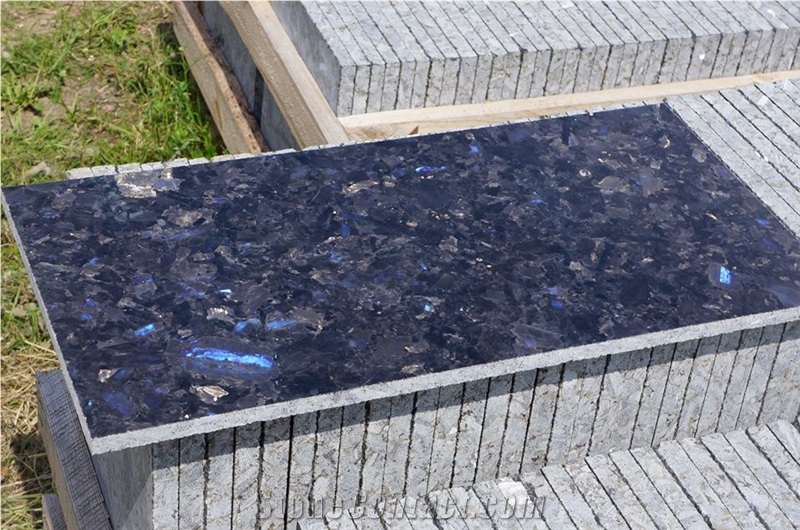 Tiles from Granite Labradorite Volga Blue, Volga Blue Extra, Extra Blue Ukraine, Galactic Blue, Blue Volga (Black Sea)