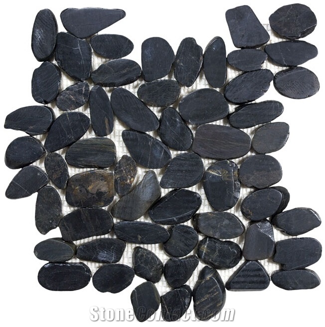 Black Sliced Flat Pebble Polished,Black Polished Pebble Stone,Pebble Pattern