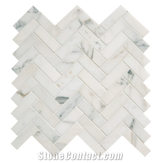 Calacatta Gold White Marble Herringbone Mosaic Tile, Italy White Marble, White Chip Mosaic, 3d Dimensional Wall Panels, Carrara Gold Marble Mosaic for Wall Paving