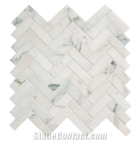 Calacatta Gold White Marble Herringbone Mosaic Tile, Italy White Marble ...