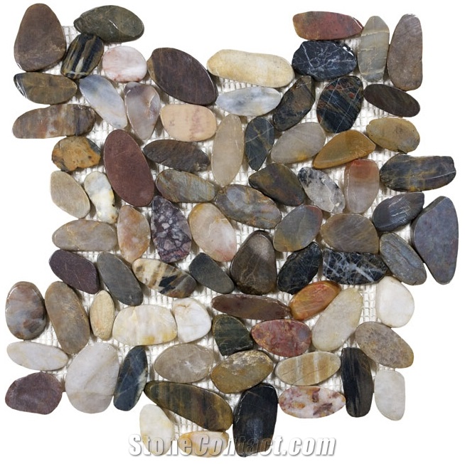 Multicolor Sliced Flat Pebble,Polisehd Natural Pebble Stone,Multicolor Pebble Chipped Flooring,Cheap Natural Floor Pebble Tile