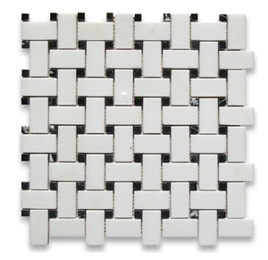 Thassos White Marble Basketweave Mosaic Tile with Black Dot
