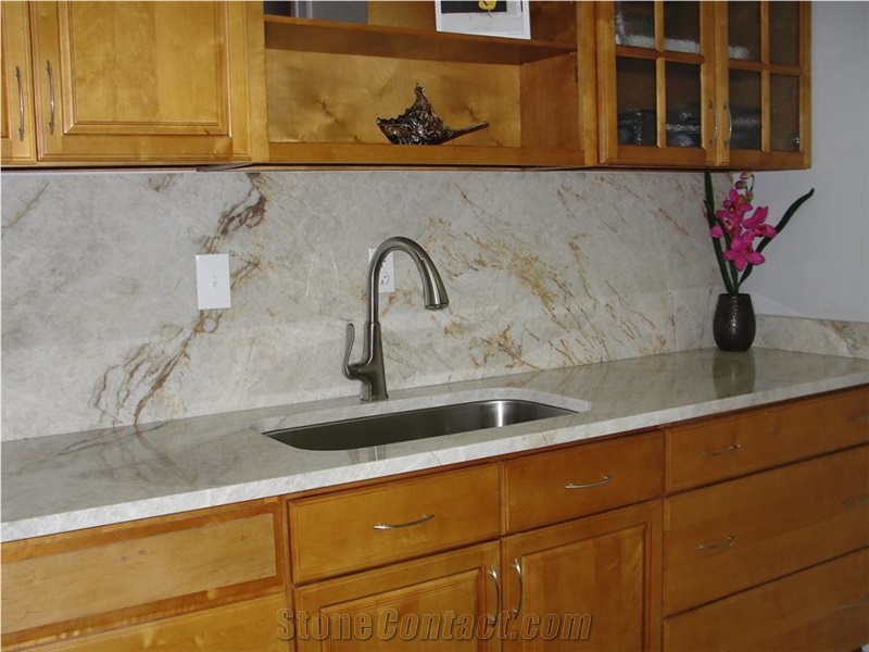 White Macaubas Quartzite Kitchen Countertop and Solid Backsplash