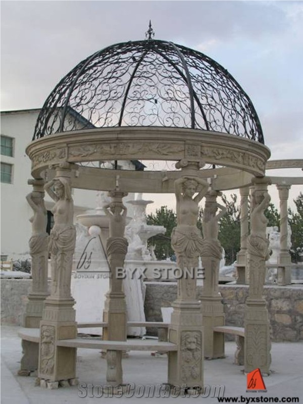 Beige Marble Gazebo with Cast Iron Roof for Garden