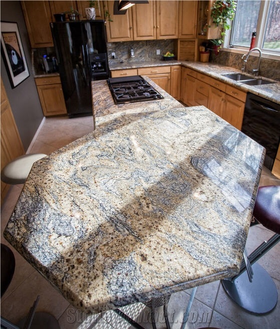 Juparana Sunset Granite Used in Countertop, Island Top and Backsplash