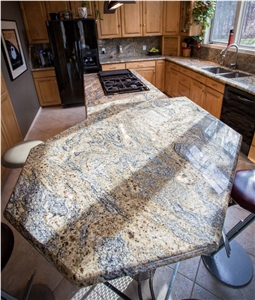 Juparana Sunset Granite Used in Countertop, Island Top and Backsplash