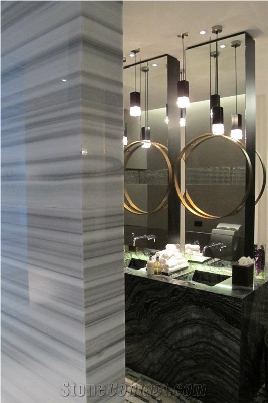 Black Wood Vein Marble, Marmara Equator Marble and Mosaic Commercial Bathroom Design