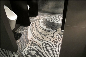 Black Wood Vein Marble, Marmara Equator Marble and Mosaic Commercial Bathroom Design