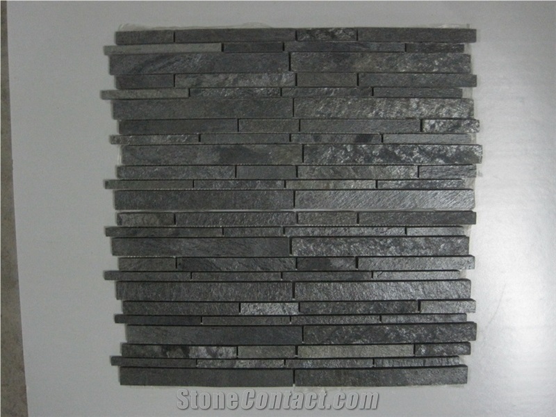 China Silver Shine Slate Mosaic,Split Face Wall Cladding Tiles,Linear Strips Mosaic