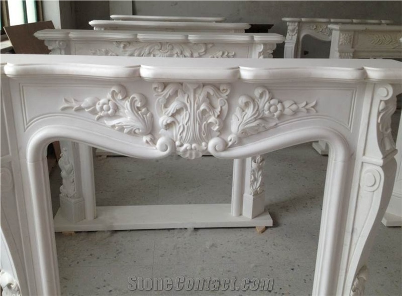Chinese Marble Fangshan White Fireplace, Fangshan Jade White Marble Fireplace Mantel