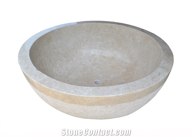 Absolute Beige Marble Bathtub Round Bowl Outside Mixed Polish - Hammer