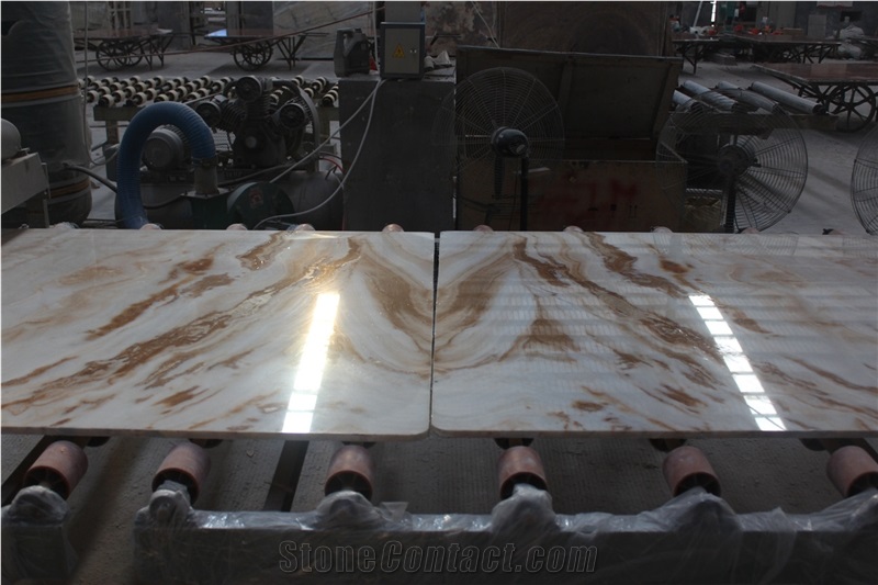 High Quality White Wooden Onyx Book Match Effect Polished Slab,Competitive Price Wall Covering