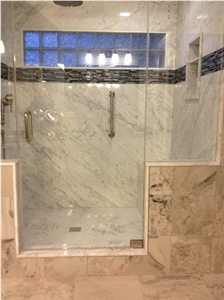 Carrara White Composite Thin Panel, White Marble Bath Design