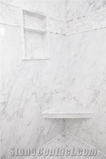 Carrara White Composite Thin Panel, White Marble Bath Design