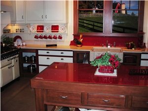 China Red Quartz Stone Fabricator Kitchen Tops Sizes 126 *63 And118 *55,A Rated Guaranteed Quality and Services