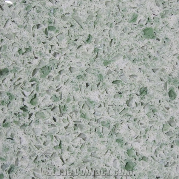 Green Shade Multicolor Quartz Stone Slab and Fabricated Tops