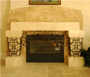 Honed Navona and Turkish Travertine Walk-In Fireplace, Beige Italy Travertine Fireplace