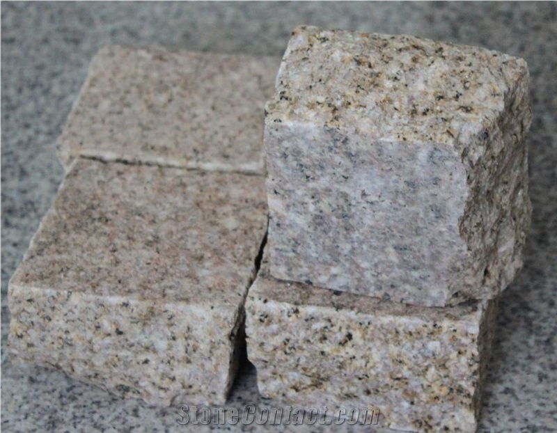 China Desert Gold Granite Flamed+Natural Cobble Stones, G682 China Yellow Granite Cube Stone & Pavers