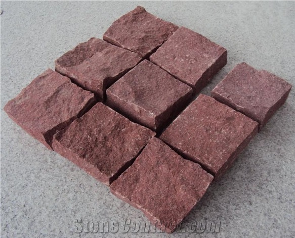 Red Porphyry Natural Cobble Stones,China Red Cubes for Outdoor Paving