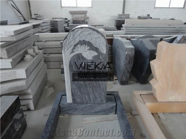 Bahama Blue Granite Tombstone & Orion Monument,Vizag Blue Granite Cemetery Gravestone,India Blue Granite Engraved Headstone Polished Western Germany Style Flower Tree Carve