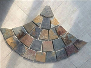 S015 Rusty Brown Slate Fan Shape Paving,Multi Color Slate Meshed Cobble and Cube Stone