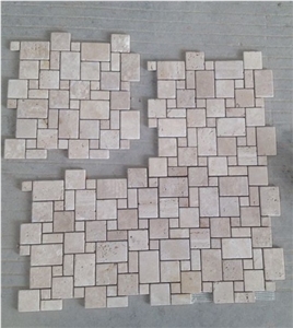 Fargo Beige Travertine Honed + Tumbled Mosaic Pattern, Spain Beige Travertine Tumbled Mosaic