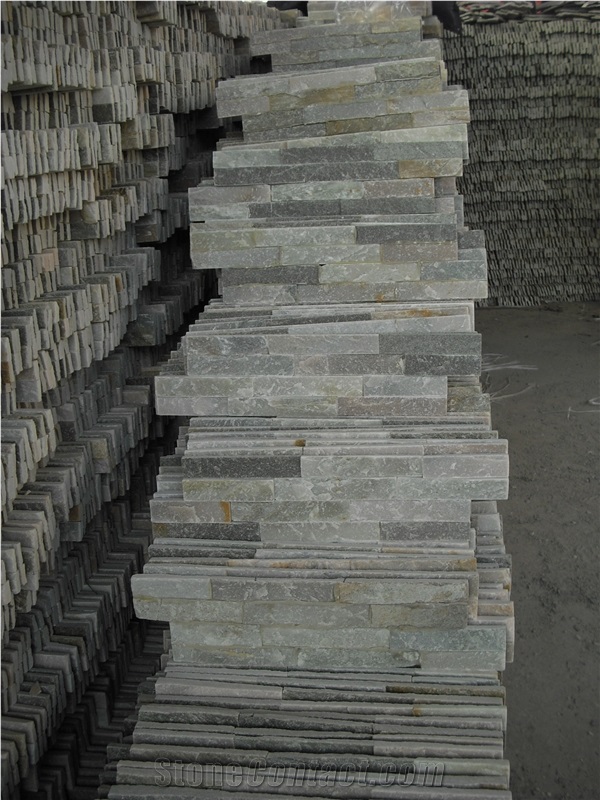 Fargo China Multi-Color Slate Cultured Stone Stacked Stone Veneer, Z Shape/S Shape Crazy Wall Cladding Panels Size 5515, 3518, Exposed Ledge Stone, Multicolor Green Slate Stacked Stone Veneer