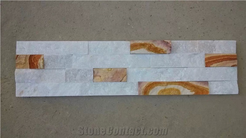 Fargo Multicolor Stacked Wall Cladding Panel, White Marble + Yellow Sandstone Exposed Wall Veneer,Ledge Stone Veneer