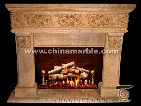 China Beige Marble Hand Carved Fireplace Mantel,Fireplace Surround