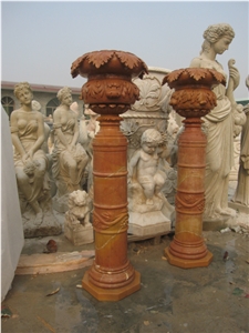 China Red Marble Hand Carved Column Pedestal